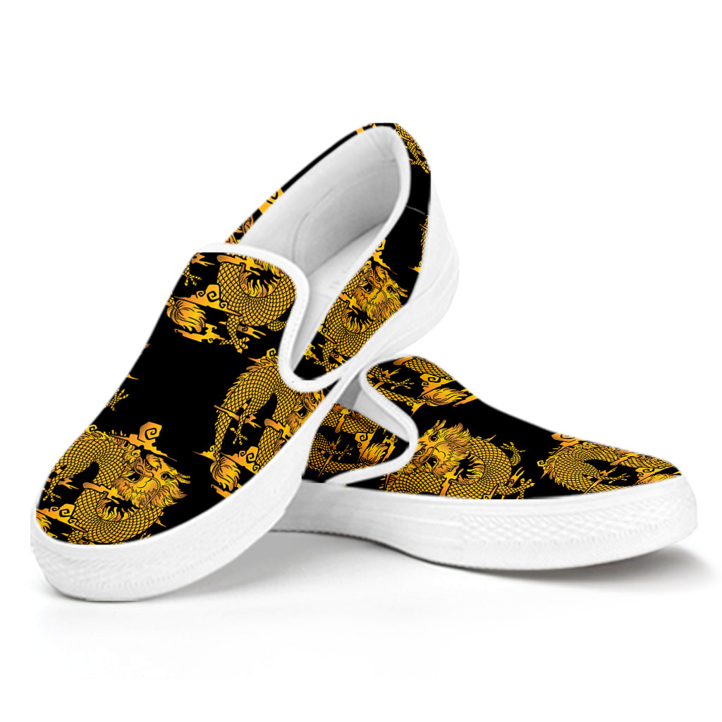 Black And Gold Dragon Pattern Print White Slip On Shoes