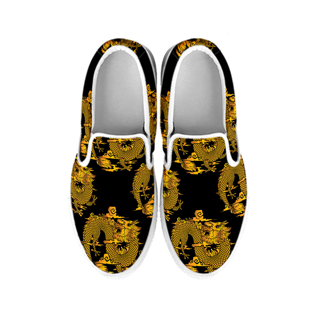 Black And Gold Dragon Pattern Print White Slip On Shoes