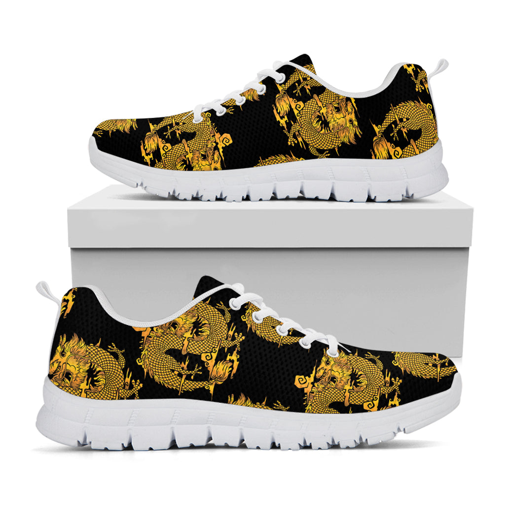 Black And Gold Dragon Pattern Print White Sneakers