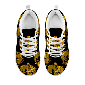 Black And Gold Dragon Pattern Print White Sneakers