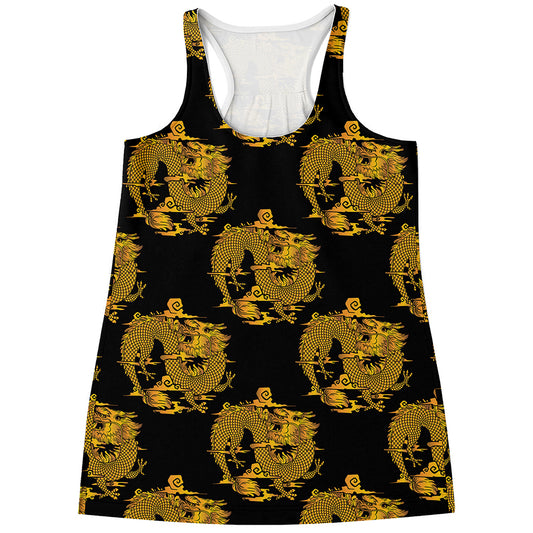Black And Gold Dragon Pattern Print Women's Racerback Tank Top