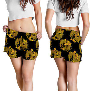 Black And Gold Dragon Pattern Print Women's Shorts