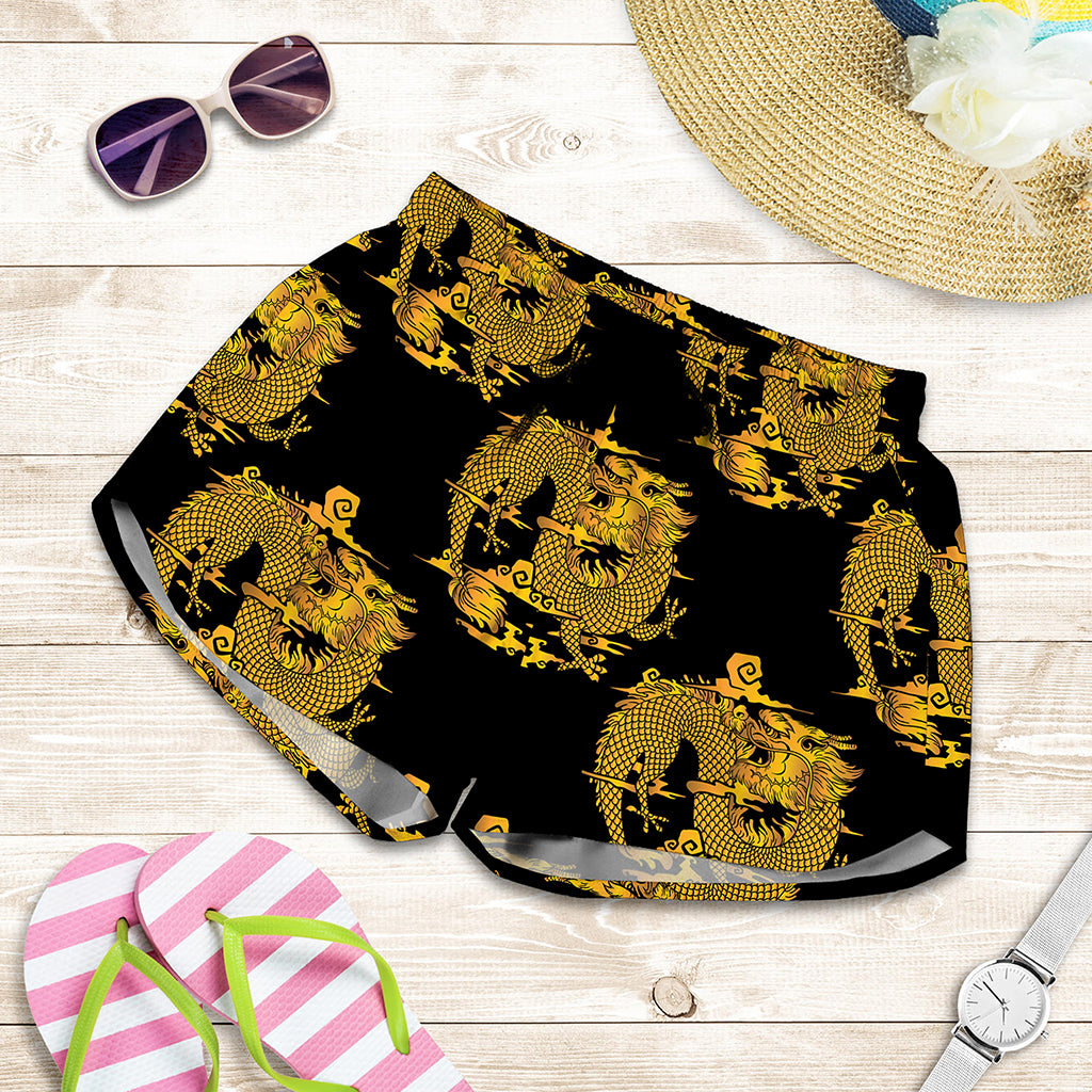 Black And Gold Dragon Pattern Print Women's Shorts