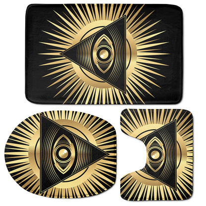 Black And Gold Eye of Providence Print 3 Piece Bath Mat Set