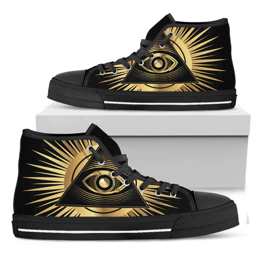 Black And Gold Eye of Providence Print Black High Top Shoes