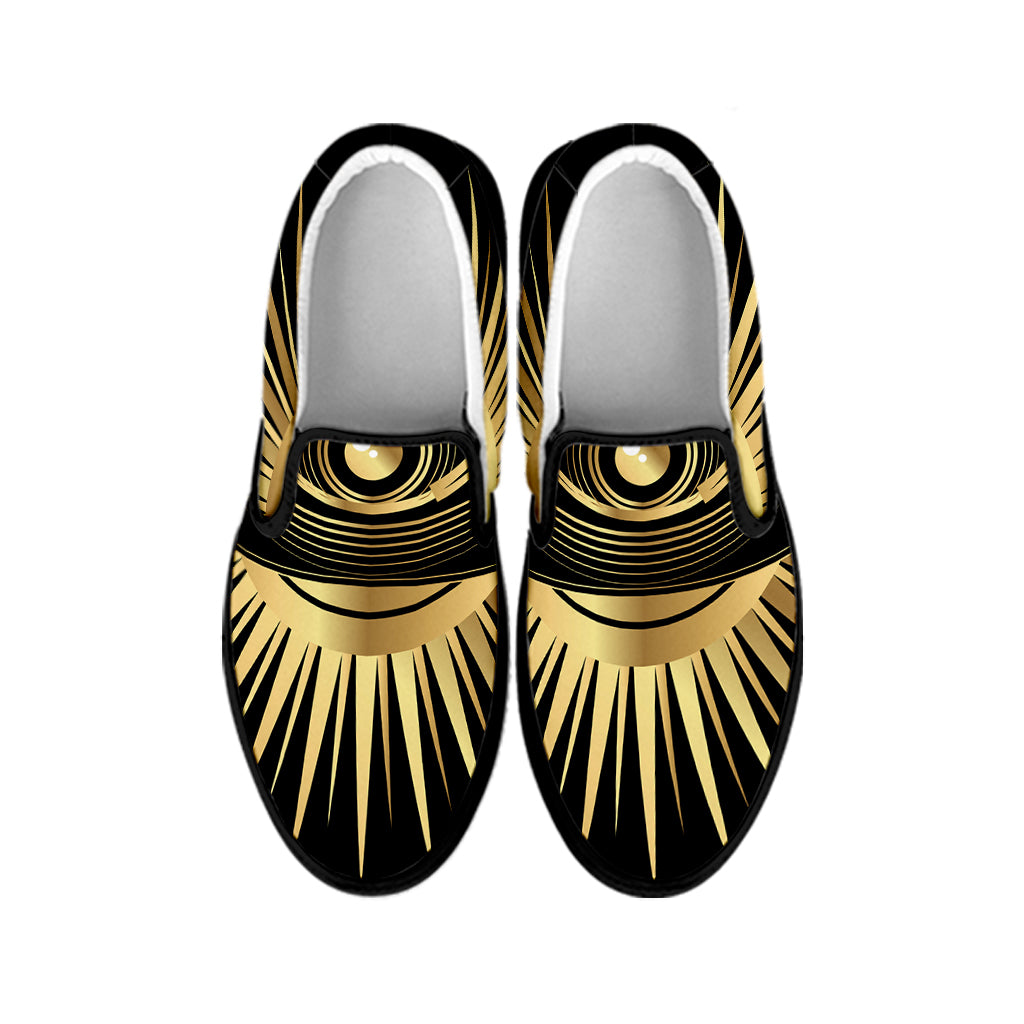 Black And Gold Eye of Providence Print Black Slip On Shoes