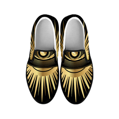 Black And Gold Eye of Providence Print Black Slip On Shoes