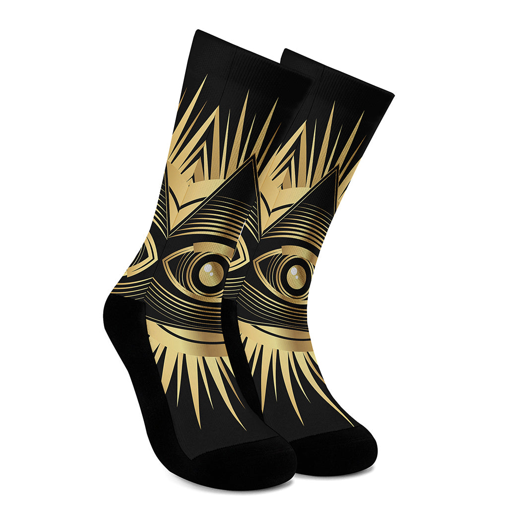 Black And Gold Eye of Providence Print Crew Socks