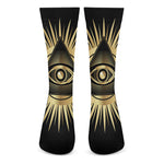 Black And Gold Eye of Providence Print Crew Socks