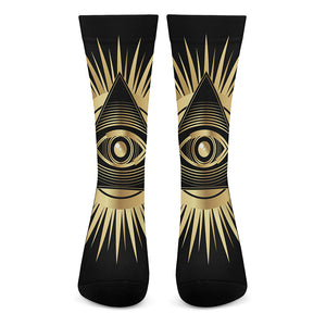 Black And Gold Eye of Providence Print Crew Socks