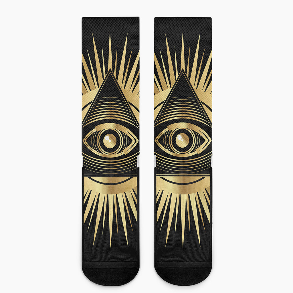 Black And Gold Eye of Providence Print Crew Socks