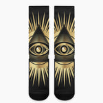 Black And Gold Eye of Providence Print Crew Socks