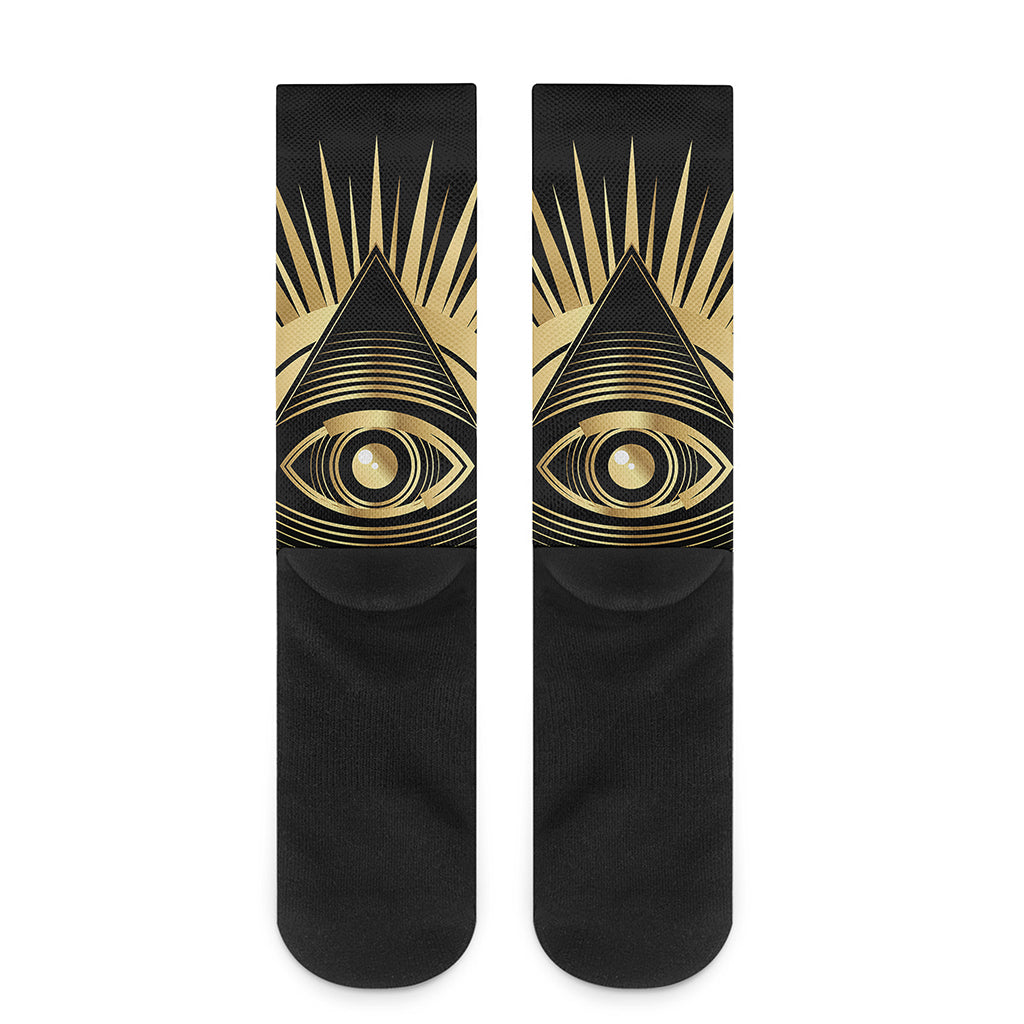 Black And Gold Eye of Providence Print Crew Socks