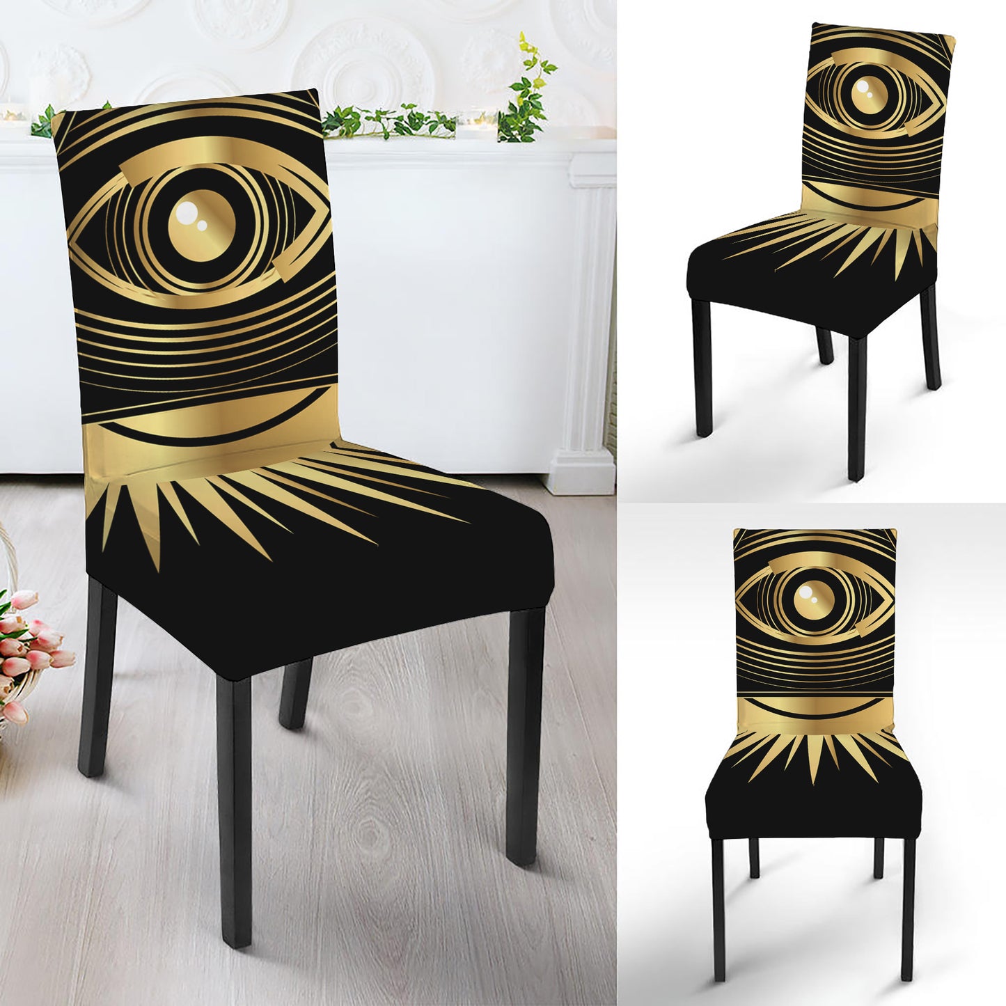 Black And Gold Eye of Providence Print Dining Chair Slipcover
