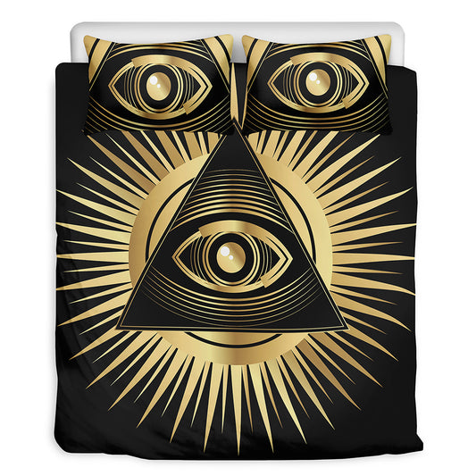 Black And Gold Eye of Providence Print Duvet Cover Bedding Set