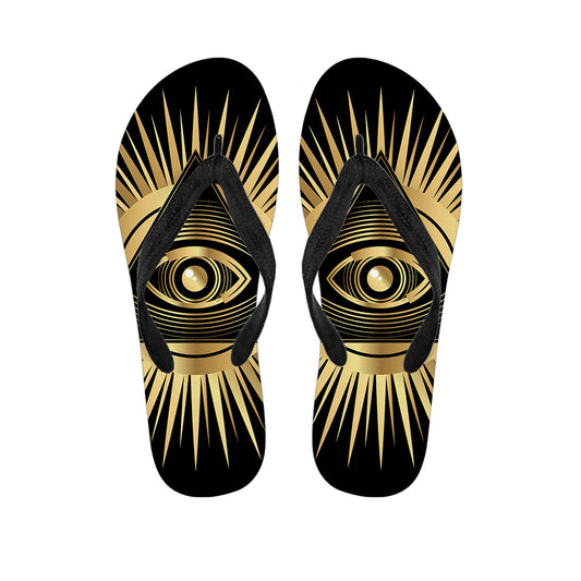 Black And Gold Eye of Providence Print Flip Flops