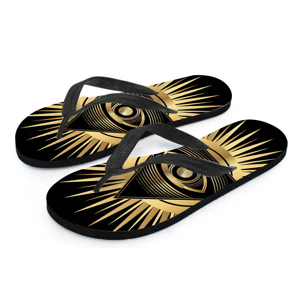 Black And Gold Eye of Providence Print Flip Flops