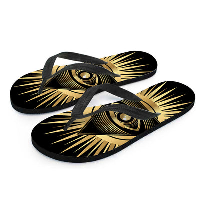 Black And Gold Eye of Providence Print Flip Flops
