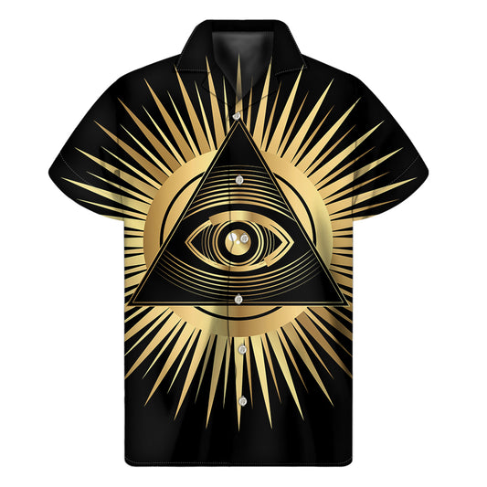 Black And Gold Eye of Providence Print Men's Short Sleeve Shirt