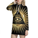 Black And Gold Eye of Providence Print Pullover Hoodie Dress