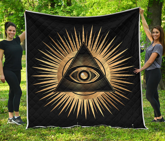 Black And Gold Eye of Providence Print Quilt