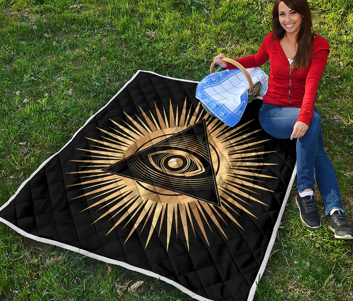Black And Gold Eye of Providence Print Quilt