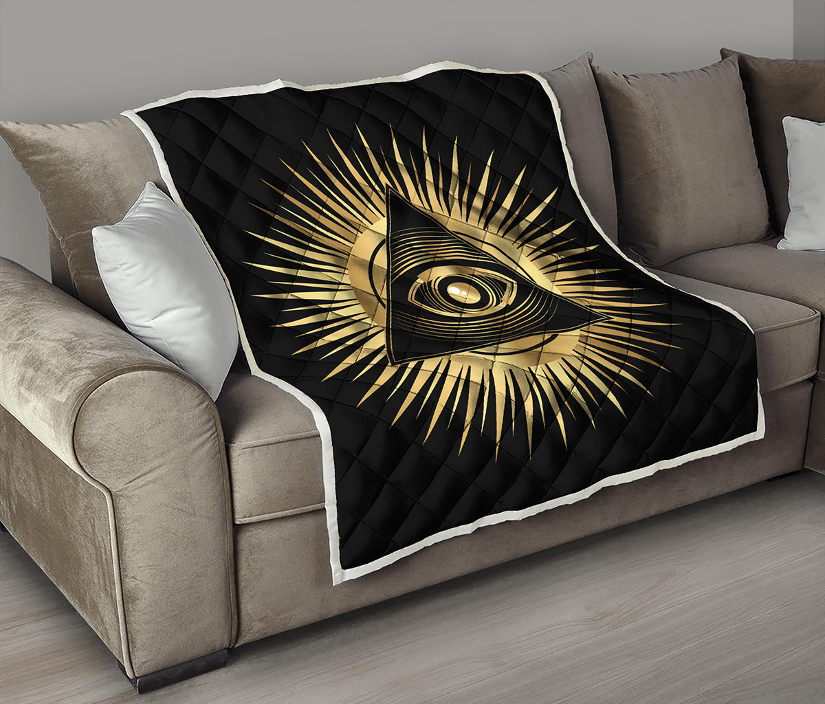 Black And Gold Eye of Providence Print Quilt