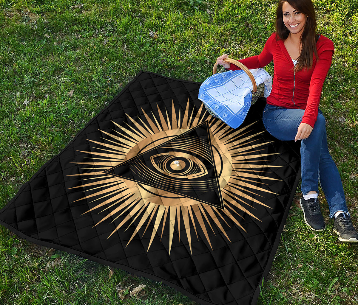 Black And Gold Eye of Providence Print Quilt