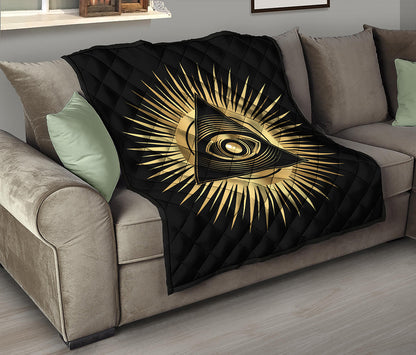 Black And Gold Eye of Providence Print Quilt