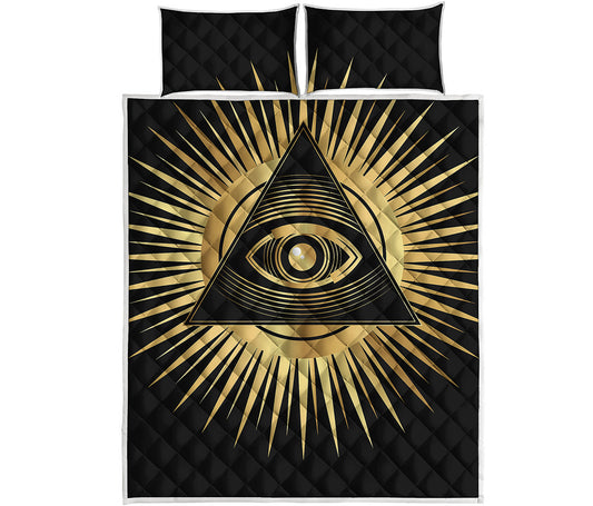 Black And Gold Eye of Providence Print Quilt Bed Set