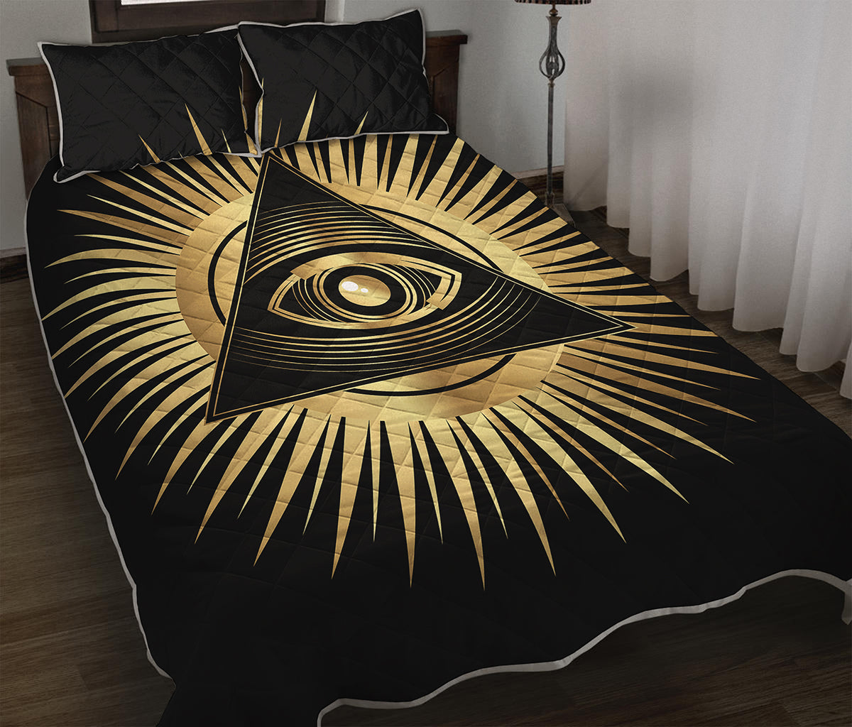 Black And Gold Eye of Providence Print Quilt Bed Set