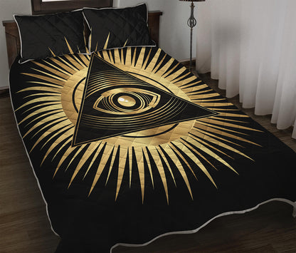 Black And Gold Eye of Providence Print Quilt Bed Set
