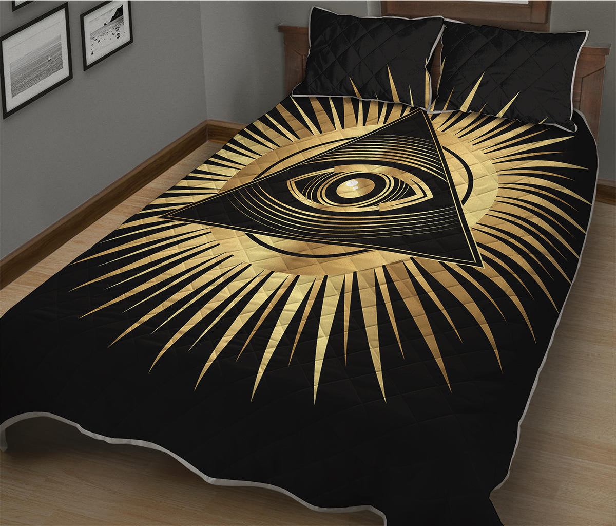 Black And Gold Eye of Providence Print Quilt Bed Set