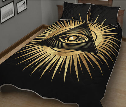 Black And Gold Eye of Providence Print Quilt Bed Set