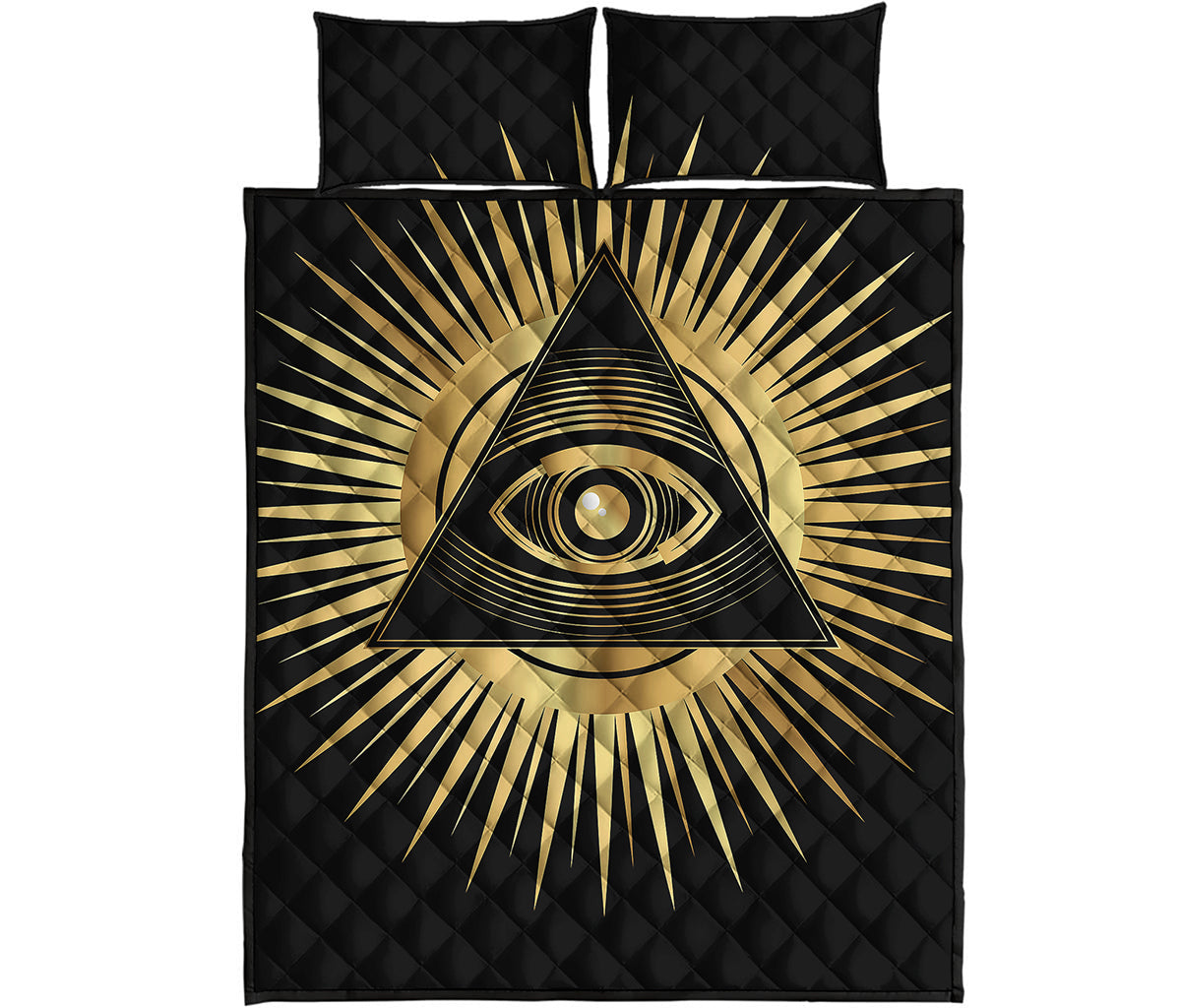 Black And Gold Eye of Providence Print Quilt Bed Set