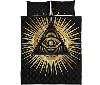 Black And Gold Eye of Providence Print Quilt Bed Set