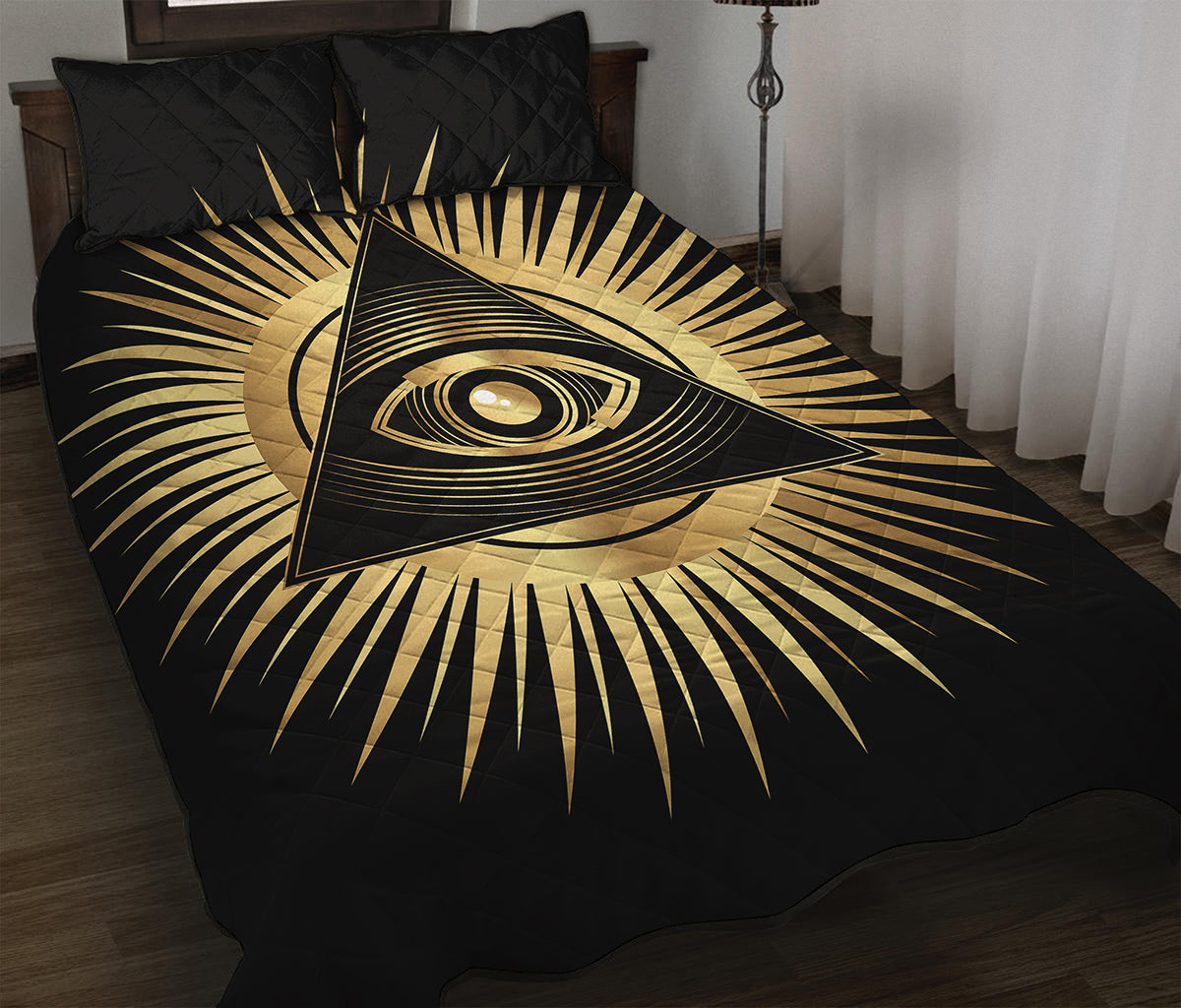 Black And Gold Eye of Providence Print Quilt Bed Set
