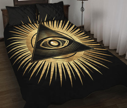 Black And Gold Eye of Providence Print Quilt Bed Set