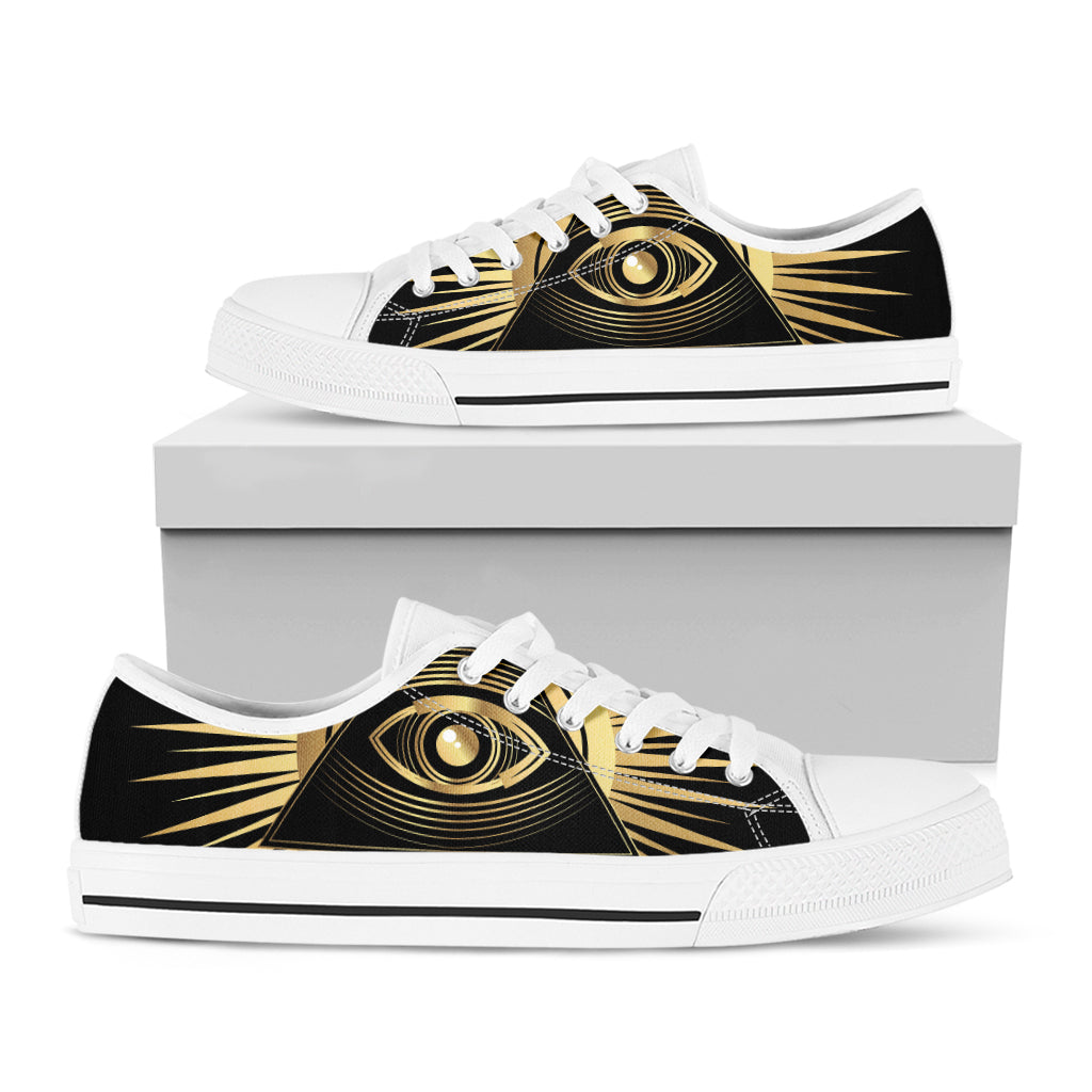 Black And Gold Eye of Providence Print White Low Top Shoes