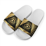 Black And Gold Eye of Providence Print White Slide Sandals