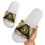 Black And Gold Eye of Providence Print White Slide Sandals