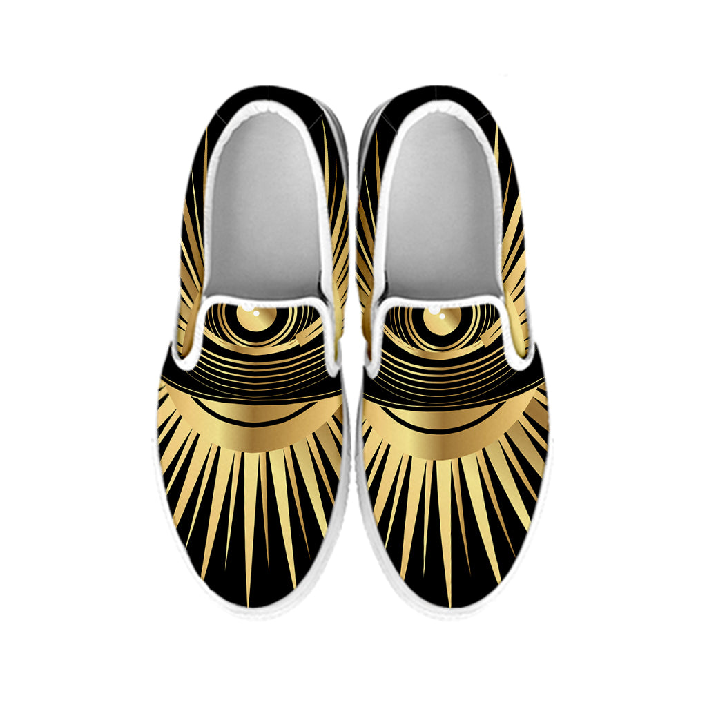 Black And Gold Eye of Providence Print White Slip On Shoes