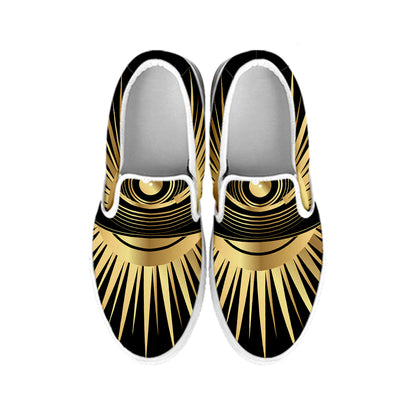 Black And Gold Eye of Providence Print White Slip On Shoes