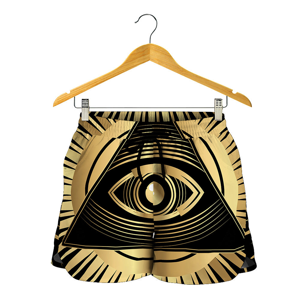 Black And Gold Eye of Providence Print Women's Shorts