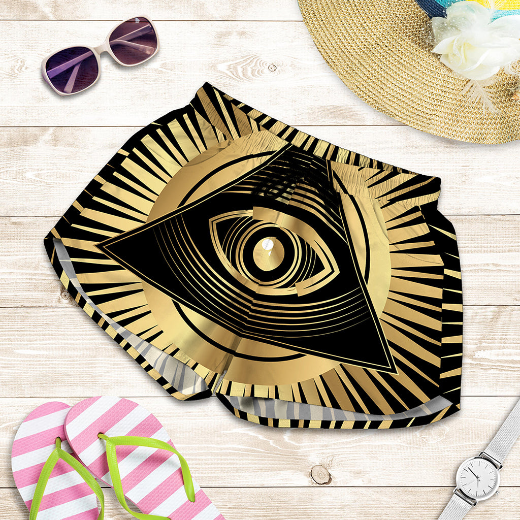Black And Gold Eye of Providence Print Women's Shorts