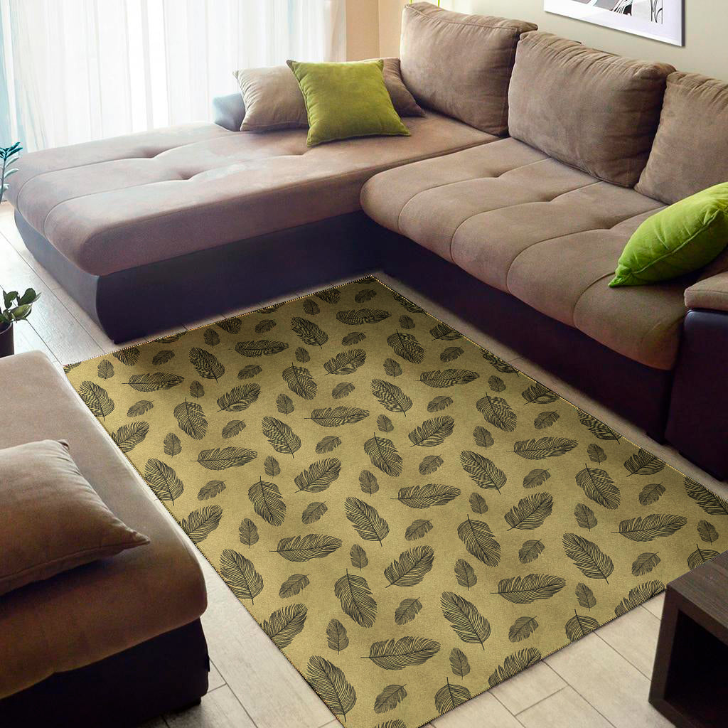 Black And Gold Feather Pattern Print Area Rug