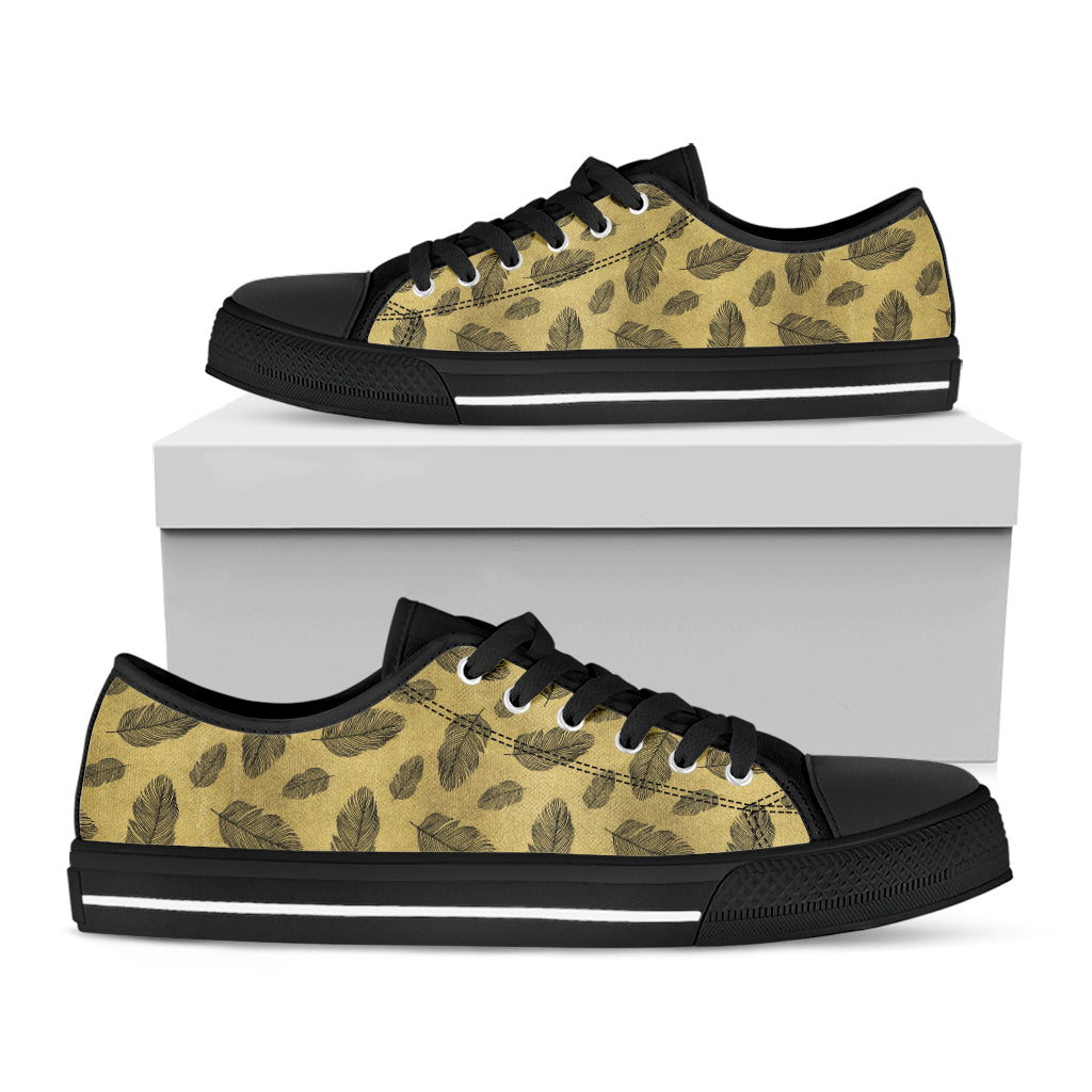 Black And Gold Feather Pattern Print Black Low Top Shoes