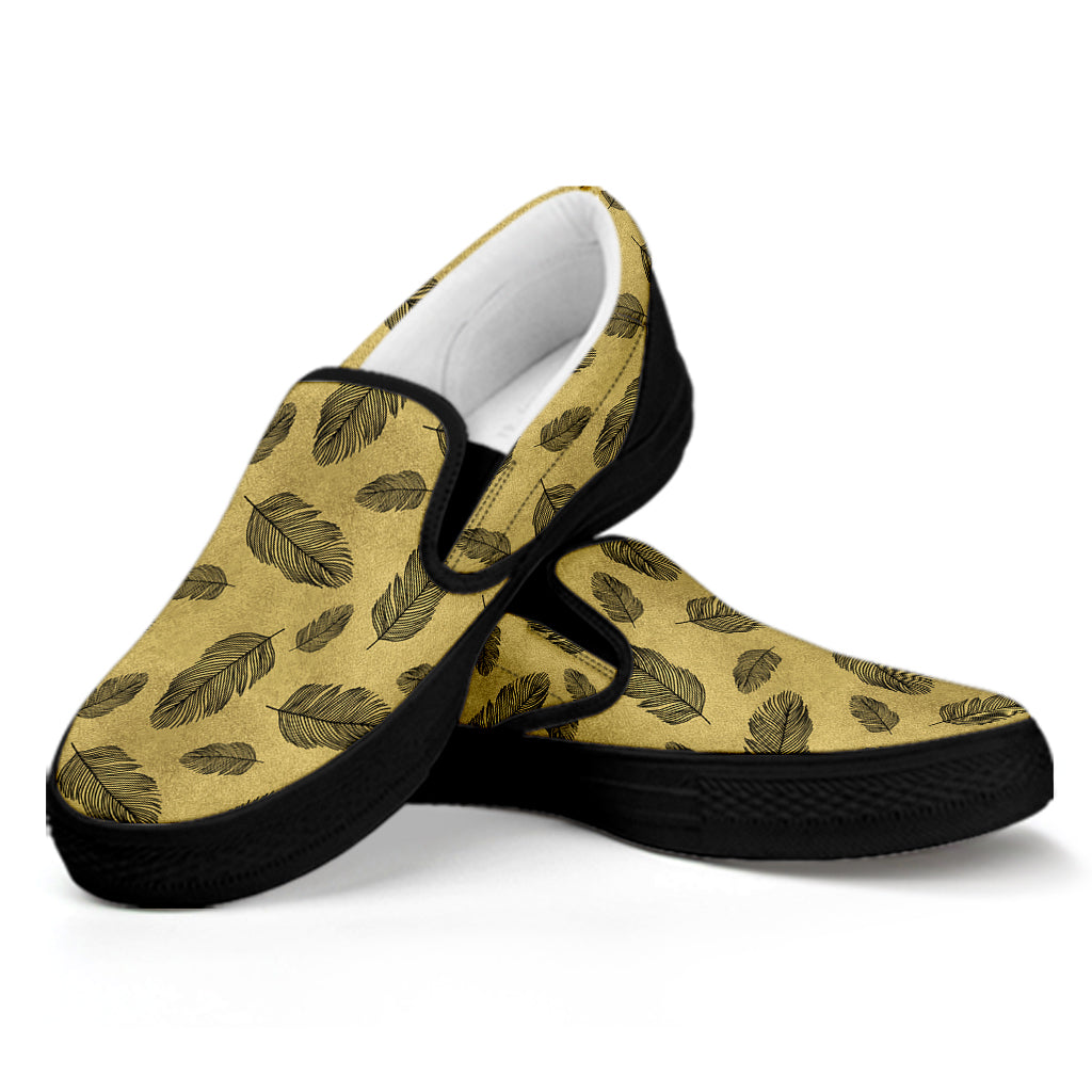 Black And Gold Feather Pattern Print Black Slip On Shoes