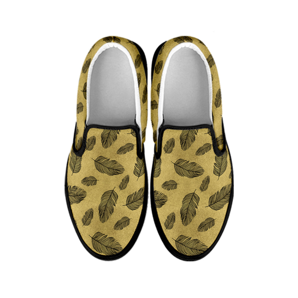 Black And Gold Feather Pattern Print Black Slip On Shoes