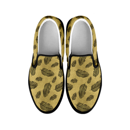 Black And Gold Feather Pattern Print Black Slip On Shoes